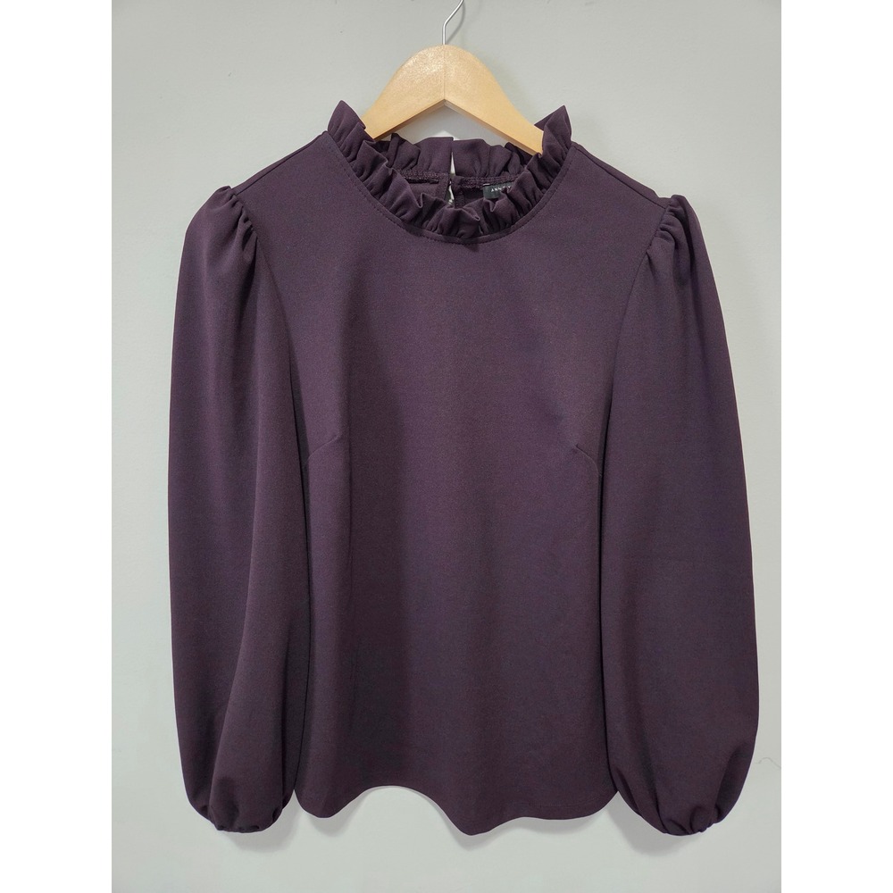 Ann Taylor Factory Purple Ruffle Mock Neck Puff Sleeve Blouse Small